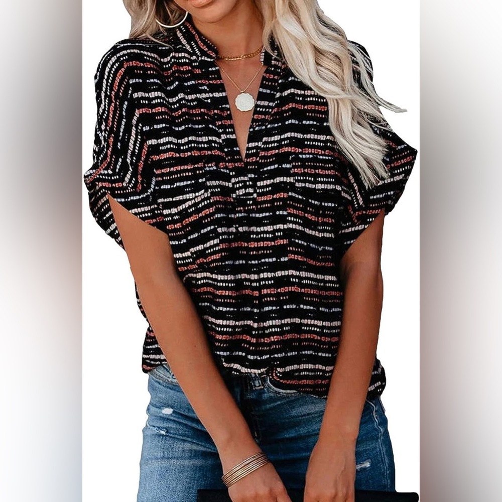 Allimy Split V Neckline Chiffon Blouse Loose Tunic Short Sleeve Top
